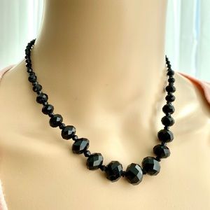 Vintage Black Graduated Crystal Bead Adjustable Necklace Dark Academia Luxury